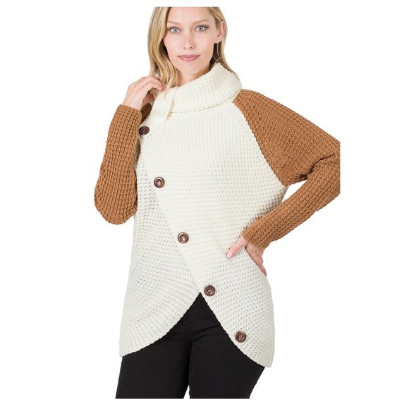 Turtleneck Sweater Wrap Style Asymmetrical Hem - Picture 2 of 5